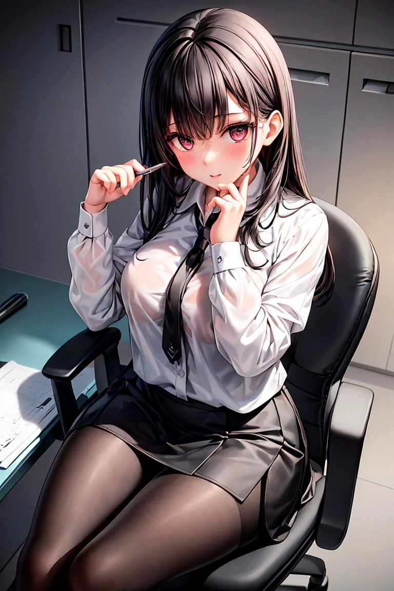 (masterpiece, best quality), a young black haired girl office secretary dressed in a transparent white blouse and black office skirt and black pantyhose ,sitting in an office chair, holding pencil, (detailed skin:1.3),(detailed eyes), (sharp focus), <lora:add_detail:1>