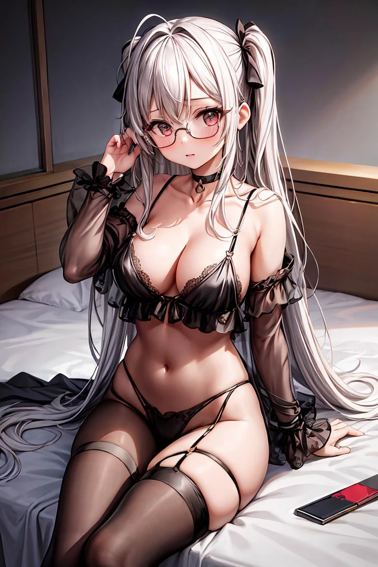 (masterpiece, best quality), 1girl, messy hair, choker, black silk pajamas, see-through, glasses, <lora:add_detail:1>