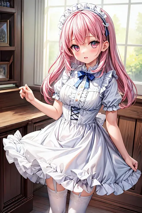 (masterpiece, best quality), 1girl, blue and white frill dress, (white stockings), pink hair, cute face, standing, indoor, intricate detail, sunlight, <lora:add_detail:1>