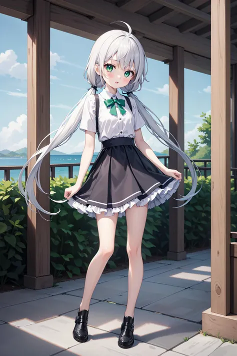 (((masterpiece))), best quality, illustration, (teenage girl), 1girl with white long hair, beautiful detailed green eyes, white long straight hair, ((low twintails)), ((cute)), (petite), slim, solo, solo focus, shirt, skirt, full body, <lora:LowTwintailsHelper:0.7>