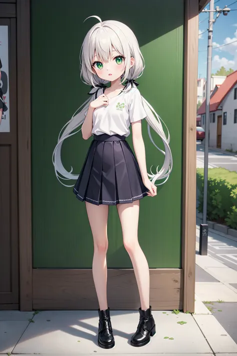 (((masterpiece))), best quality, illustration, (teenage girl), 1girl with white long hair, beautiful detailed green eyes, white long straight hair, ((low twintails)), ((cute)), (petite), slim, solo, solo focus, shirt, skirt, full body, <lora:LowTwintailsHelper:0.7>