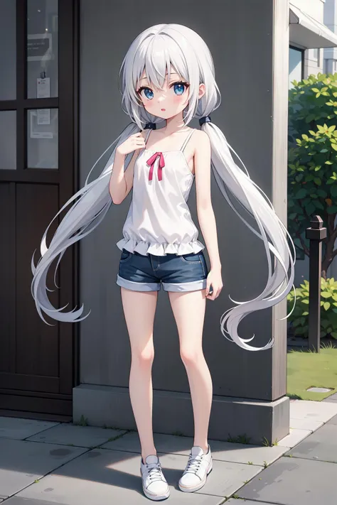 (((masterpiece))), best quality, illustration, (teenage girl), 1girl with white long hair, beautiful detailed eyes, white long straight hair, ((low twintails)), ((cute)), (petite), slim, solo, solo focus, camisole, shorts, full body, <lora:LowTwintailsHelper:0.7>, long hair