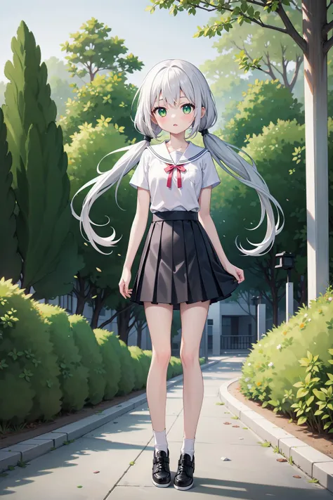 (((masterpiece))), best quality, illustration, (teenage girl), 1girl with white long hair, beautiful detailed green eyes, white long straight hair, ((low twintails)), ((cute)), (petite), slim, solo, solo focus, shirt, skirt, full body, outside, trees, <lora:LowTwintailsHelper:0.7>