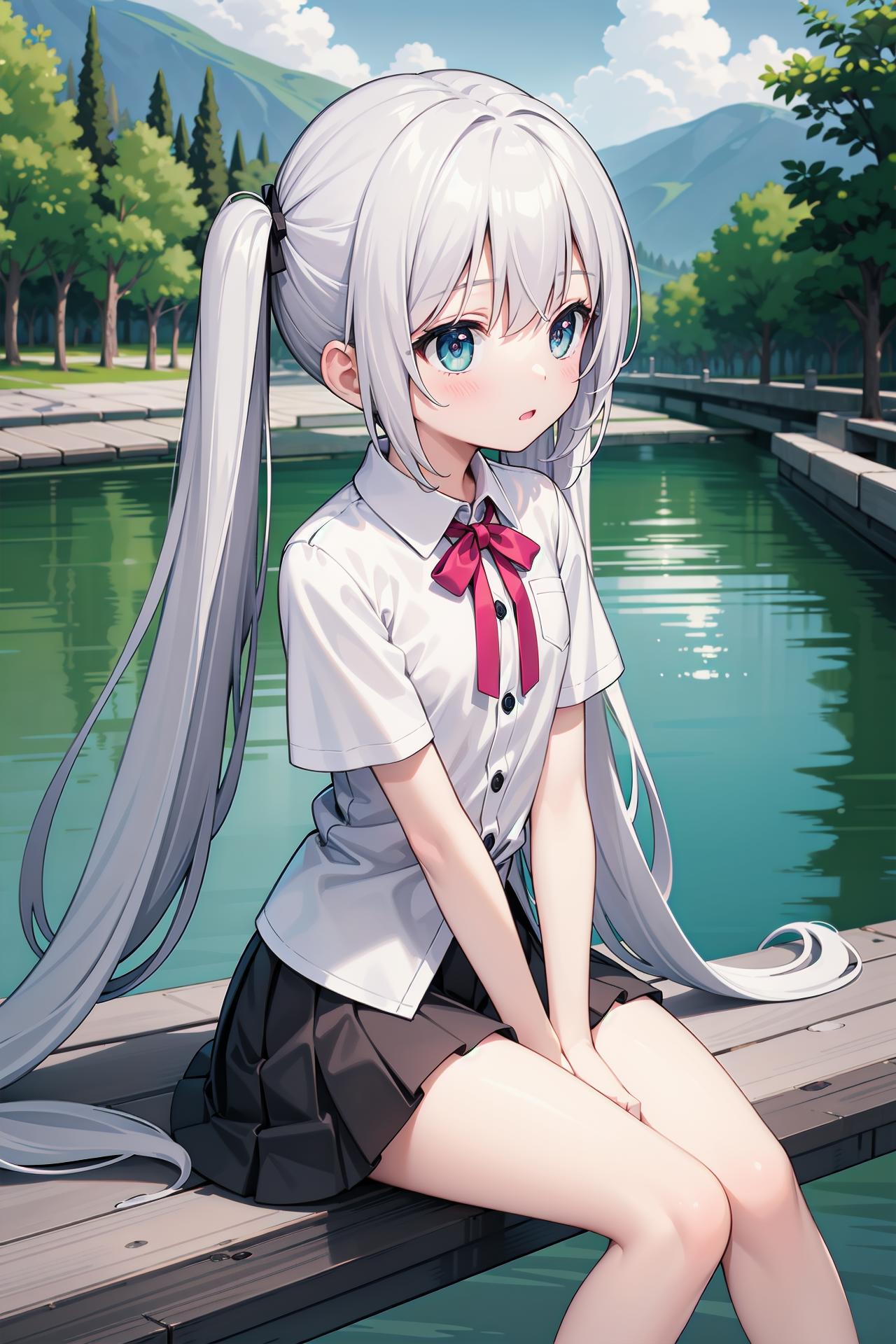 Anime girl sitting on a dock with a lake in the background - SeaArt AI