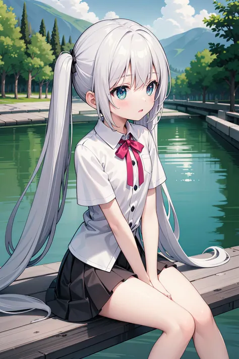 (((masterpiece))), best quality, illustration, (teenage girl), 1girl with white long hair, beautiful detailed eyes, white long straight hair, ((cute)), (petite), slim, solo, solo focus, shirt, skirt, river, sitting, looking away, twintails