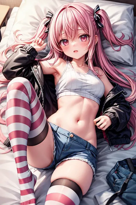(masterpiece, best quality), 1girl, pink hair, crop top, denim shorts, bedroom, striped thighhighs, <lora:add_detail:1>,