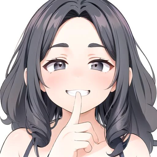 anime, best quality, absurd resolution, intricate detail, (perfect detail features), 8k, UHD, (masterpiece:1.4), (high quality:1.4), high definition, animation, illustration, highly detailed, highres, extremely detailed, sharp focus, <lora:hyperdenoiser_v090:0.5>, <lora:hyperrefiner_v090:0.5>, <lora:add_detail:0.3>, 4k, absurd resolution, detailed hands, (detailed eyes:1.3), <lora:sd15_lora_beta:1>, <lora:perfetfingers:0.5>, <lora:ETO_OC:0.2> ETO-OC, <lora:ETO_OCC006:0.7>, ETO_OCC, (curly hair:1.3), (long hair:1.1), (black hair:1.5), thick eyebrows, pale skin, (plump:1.1), 1girl, ((hazel-green-brown eyes), (multicolored eyes)), looking at viewer, mature female, smug, (parted bangs:1.8), (apple-cheeks, round-face, round-chin), <lora:taremeEyes_v10:0.5>, perfect eyes, <lora:shush_obj20c:0.7> shush, finger_to_mouth, ((evil grin)), half-closed eyes <lora:Mesugaki Expression [Concept] Brat Face:0.6> (((mesugaki, teasing, smug)))