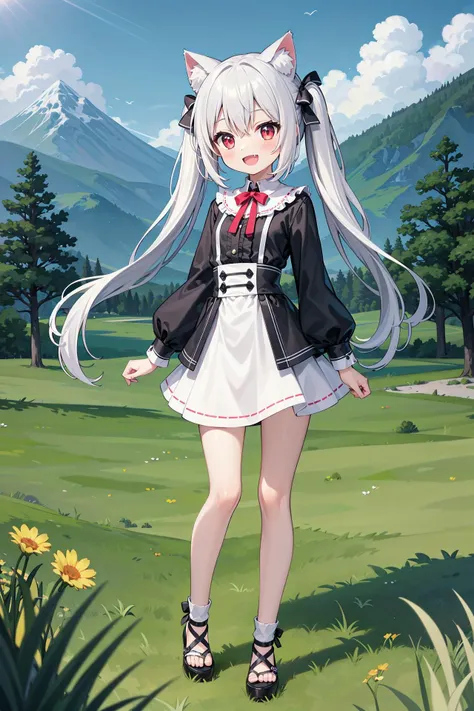 (((masterpiece))), best quality, illustration, 1girl with light white long hair, beautiful detailed red eyes, light white long straight hair, (cute), (petite), slim, solo, solo focus, standing, full body, cat ears, twintails, pure black shirt, skirt, sky, grass, mountains, smile, :d, blush, skin fang, fang