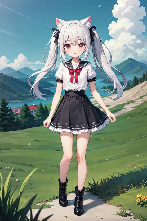 (((masterpiece))), best quality, illustration, 1girl with light white long hair, beautiful detailed red eyes, light white long straight hair, (cute), (petite), slim, solo, solo focus, standing, full body, cat ears, twintails, mini skirt, sky, grass, mountains