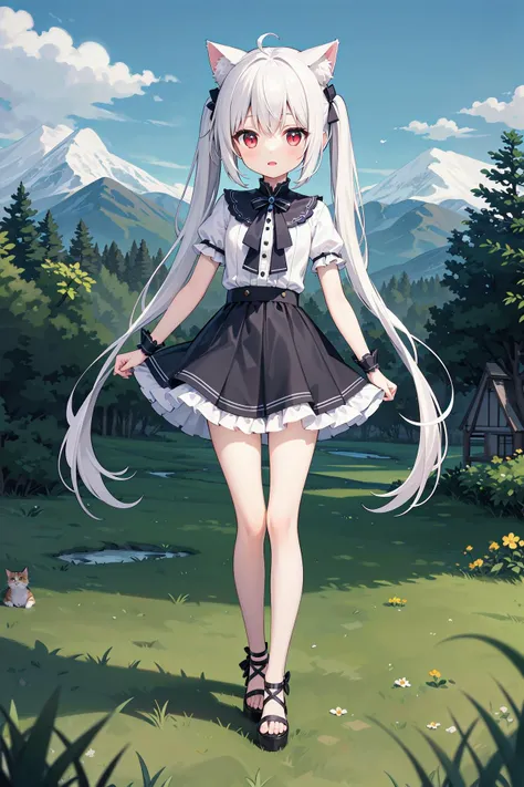 (((masterpiece))), best quality, illustration, 1girl with light white long hair, beautiful detailed red eyes, light white long straight hair, (cute), (petite), slim, solo, solo focus, standing, full body, cat ears, twintails, mini skirt, sky, grass, mountains