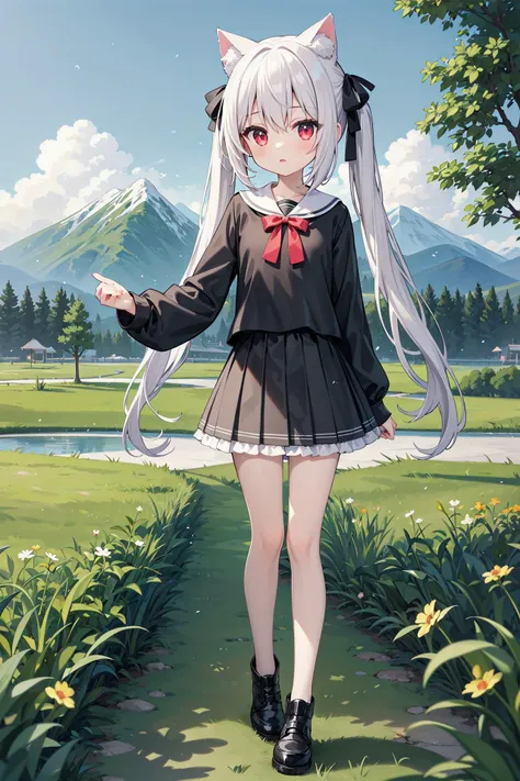 (((masterpiece))), best quality, illustration, 1girl with light white long hair, beautiful detailed red eyes, light white long straight hair, (cute), (petite), slim, solo, solo focus, standing, full body, cat ears, twintails, pure black shirt, skirt, sky, grass, mountains