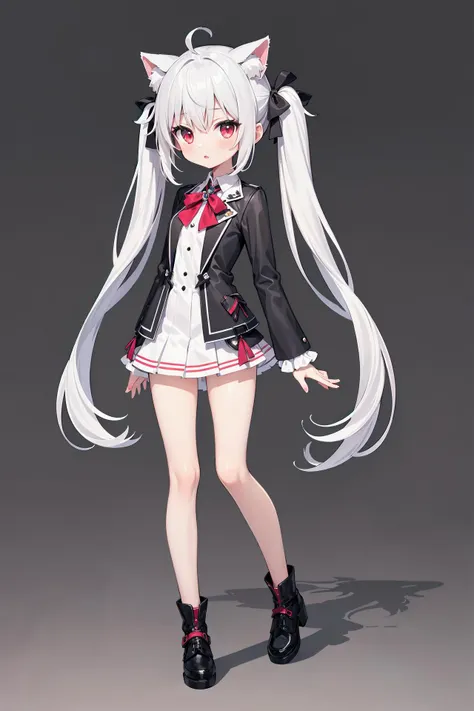 (((masterpiece))), best quality, illustration, 1girl with light white long hair, beautiful detailed red eyes, light white long straight hair, (cute), (petite), slim, solo, solo focus, standing, full body, shirt, mini skirt, cat ears, twintails, simple background