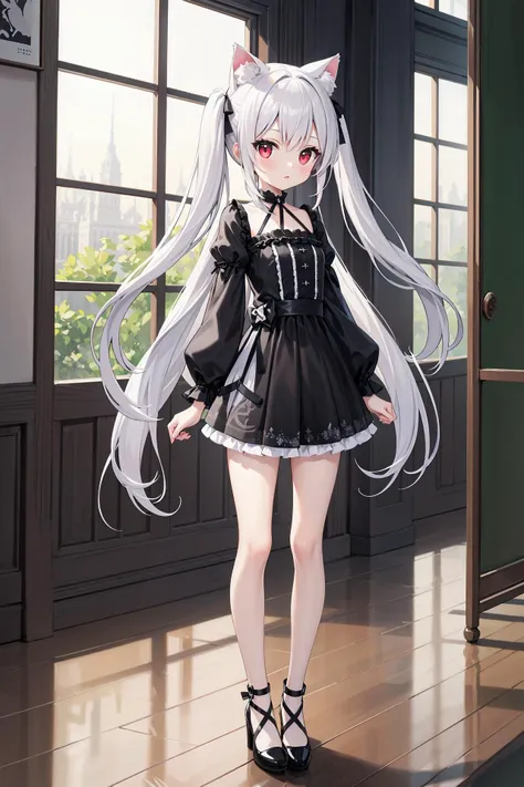 (((masterpiece))), best quality, illustration, 1girl with light white long hair, beautiful detailed red eyes, light white long straight hair, (cute), (petite), slim, solo, solo focus, standing, full body, cat ears, twintails