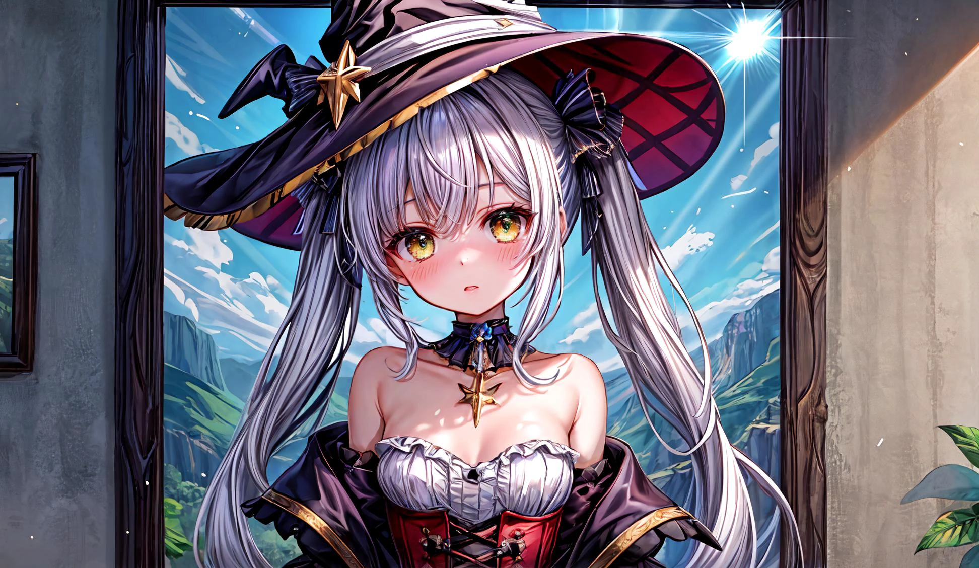 <lora:more_details:0.75> <lora:weight_slider_v2:-0.75>, ( girl:1.3), (On the Glass Spire Plateau, where fragile, transparent spires pierce the landscape, capturing the alien sunlight and refracting it into dazzling patterns.:1.2), (witch hat, corset, short frilled dress, choker, skinny, short torso, petite), (short twintails hair, white hair:1.3), (small head, small pores, detailed textured skin, detailed hair, shiny skin), (medium breasts:1.3), (simples_poses:1.2)