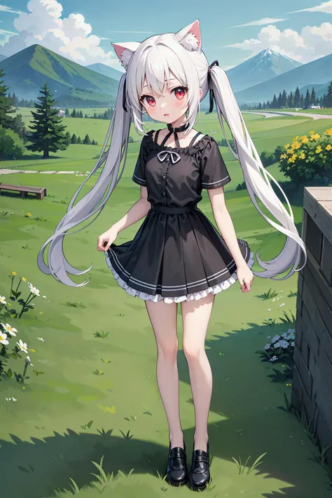 (((masterpiece))), best quality, illustration, 1girl with light white long hair, beautiful detailed red eyes, light white long straight hair, (cute), (petite), slim, solo, solo focus, standing, full body, cat ears, twintails, pure black shirt, skirt, sky, grass, mountains