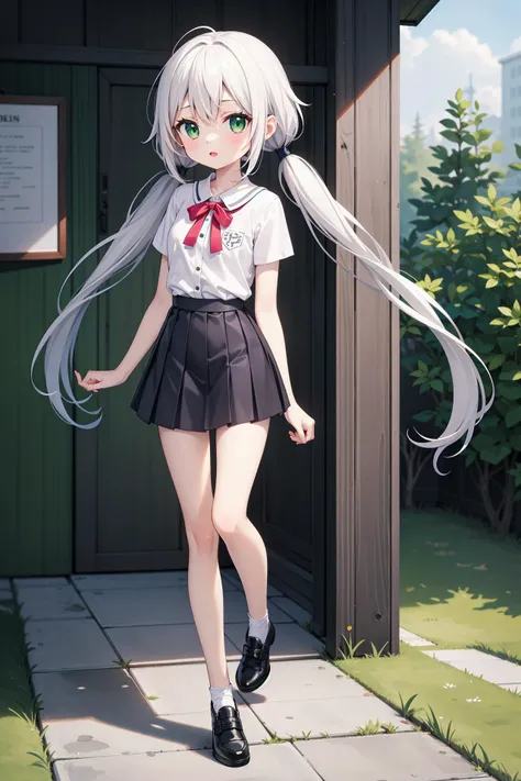 (((masterpiece))), best quality, illustration, (teenage girl), 1girl with white long hair, beautiful detailed green eyes, white long straight hair, ((low twintails)), ((cute)), (petite), slim, solo, solo focus, shirt, skirt, full body, <lora:LowTwintailsHelper:0.7>