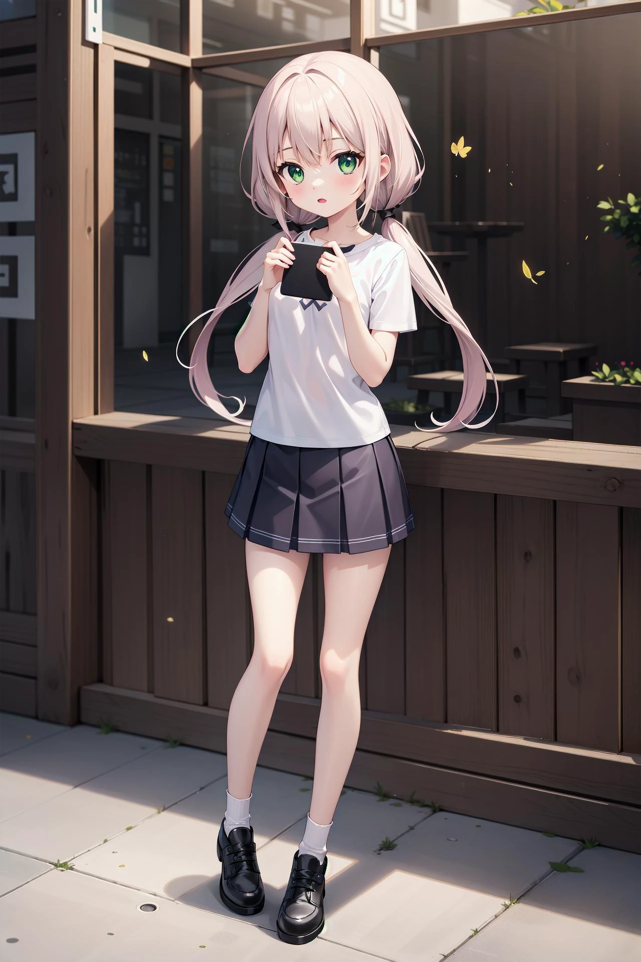 (((masterpiece))), best quality, illustration, ( girl), 1girl with white long hair, beautiful detailed green eyes, white long straight hair, ((low twintails)), ((cute)), (petite), slim, solo, solo focus, shirt, skirt, full body, <lora:LowTwintailsHelper:0.7>