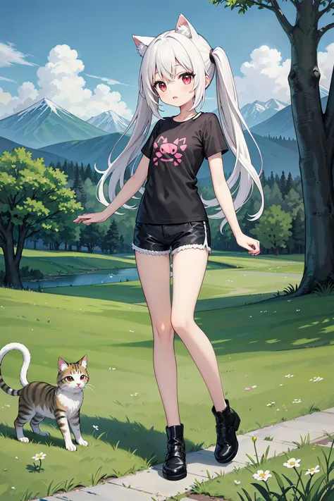 (((masterpiece))), best quality, illustration, 1girl with light white long hair, beautiful detailed red eyes, light white long straight hair, (cute), (petite), slim, solo, solo focus, standing, full body, cat ears, twintails, pure black t-shirt, shorts, sky, grass, mountains