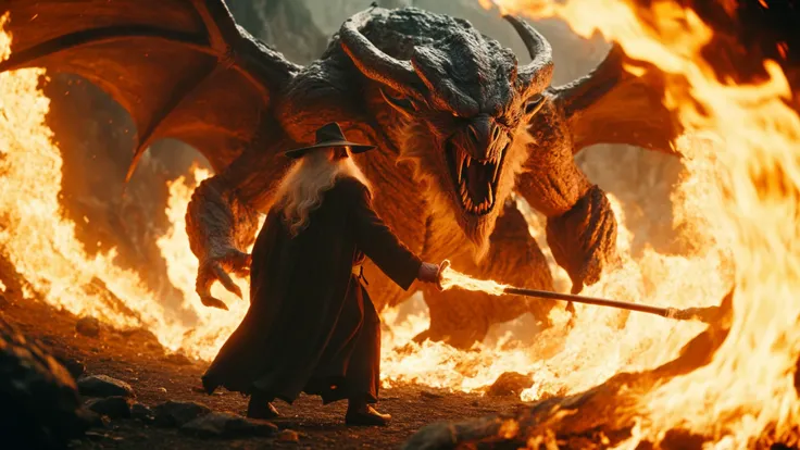 cinematic still medium shot of Gandalf from LOTR fighting a huge Balrog, covered in flame, shot on Sony, high budget, epic, gorgeous, film grain