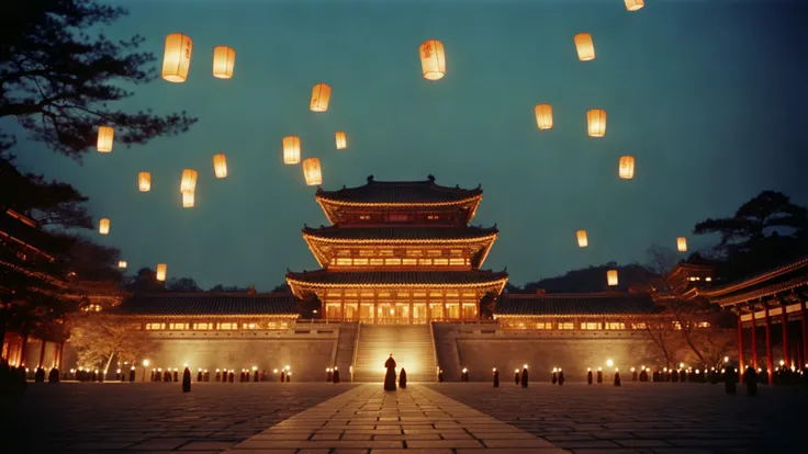 35mm film still, photo of sky lanterns releasing from the imperial Ancient palace square, (wearing tang hanfu), Japanese architecture, huge wide multi-storey palace stair complex of Tang, intricate details, soft glow of night lighting,
