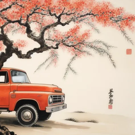 chinese painting, a truck under a tree, close up