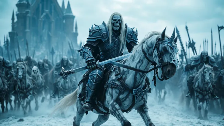 cinematic still medium shot of a death knight Arthas from Warcraft riding a skeletal horse with a big sword, leading an army of undead, city ruins, shot on Sony, high budget, epic, gorgeous, film grain