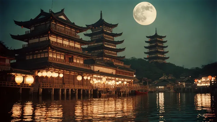 35mm film still, photo of an Ancient towering temple at a port with Chinese fleet, Japanese architecture, hanging ancient Japanese white paper lanterns, colorful hanfu, a moon lit the sky, muddy and dirty, intricate details, soft glow of night lighting,