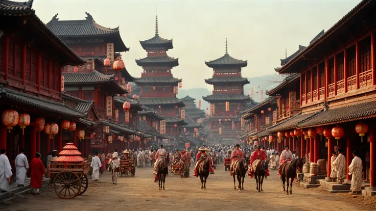 35mm film still, photo of a busy towering Ancient imperial city, festive marketplace of multi-storey red wooden buildings, a peasant horse carriage riding across, Japanese tribal architecture, hanging ancient Japanese white paper lanterns, colorful hanfu, pagodas and temples in the distance, muddy and dirty, intricate details, soft glow of mid-day lighting,