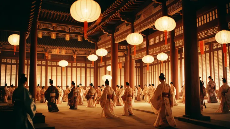 35mm film still, photo of an ancient music festival inside a huge palace hall of Tang, wearing Tang hanfu, Japanese architecture, hanging Ancient Japanese white paper lanterns, intricate artworks, intricate details, soft glow of night lighting,