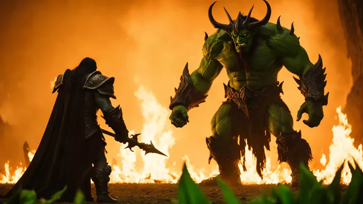 cinematic still far shot of a huge dark demon lord from Warcraft facing a small orc warrior, surrounded by green flame, shot on Sony, high budget, epic, gorgeous, film grain