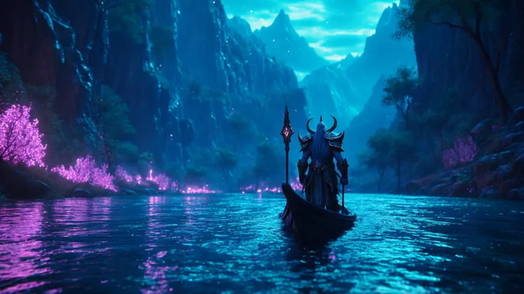 cinematic still close shot of demigod Cenarius from Warcraft crossing a river, neon magical night elven city, shot on Sony, high budget, epic, gorgeous, film grain