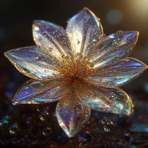 macro photo, sparkling magical fantasy glass flower dewdrop, very detailed, amazing quality, intricate, cinematic light, highly detail, beautiful, surreal, dramatic, galaxy fantasy colors, insanely detailed, a 3D render, photorealism, white and gold lighting