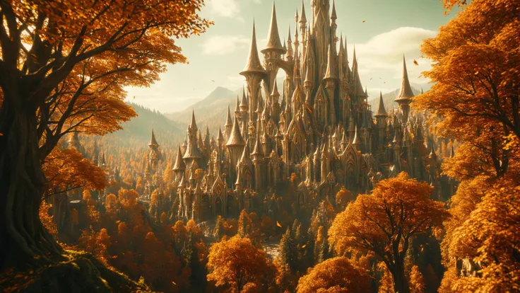 cinematic still close shot of a towering golden blood elf city of magic from Warcraft with a huge population, elegant elven architecture, lush autumn forest full of magics, shot on Sony, high budget, epic, gorgeous, film grain
