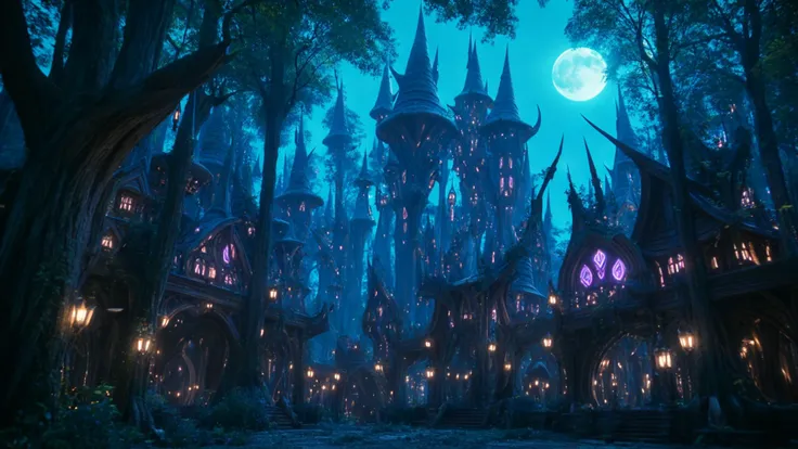 cinematic still close shot of a magical neon forest city of night elf from Warcraft full of flying spirits, elegant wooden elven architecture, deep forest of moon, shot on Sony, high budget, epic, gorgeous, film grain