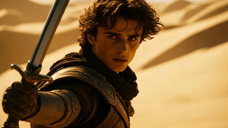 cinematic still close shot of a young noble warrior Paul Atreides from Dune swinging a futuristic blade, starring Timothee Chalamet, harsh sandy environment, 2021 Sci-Fi, shot on Sony, high budget, epic, gorgeous, film grain