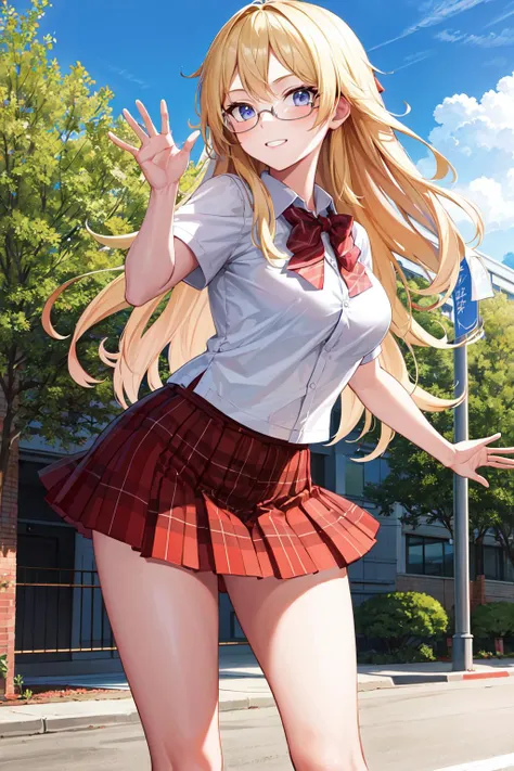 masterpiece, best quality, highres, sa1, blonde hair, glasses, school uniform, skirt, plaid, plaid skirt, <lora:shaga_ayame_v1:0.6>, waving, outdoors,