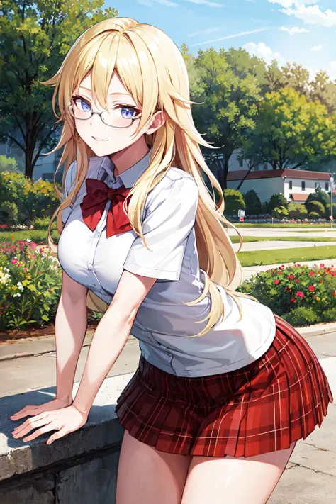 masterpiece, best quality, highres, sa1, blonde hair, glasses, school uniform, skirt, plaid, plaid skirt, <lora:shaga_ayame_v1:0.6>, sitting, classroom, spread legs, pantyshot, panties,