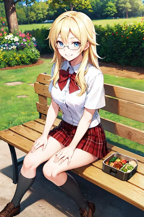 masterpiece, best quality, highres, sa1, blonde hair, glasses, school uniform, skirt, plaid, plaid skirt, <lora:shaga_ayame_v1:0.6>, outdoor, sitting, bench, food, bento, smile,