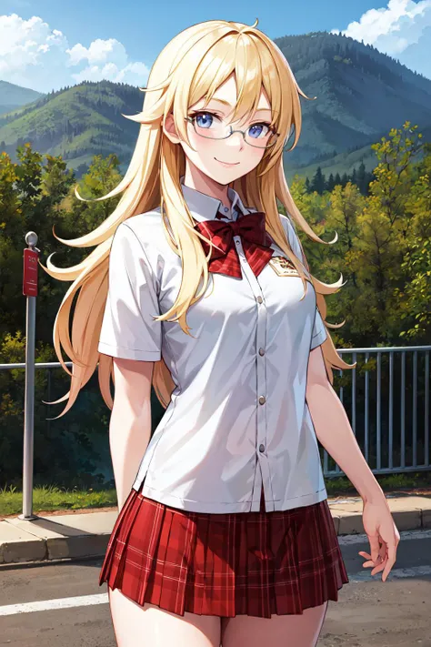 masterpiece, best quality, highres, sa1, blonde hair, glasses, school uniform, skirt, plaid, plaid skirt, <lora:shaga_ayame_v1:0.6>, cowboy shot, standing, smile, outdoor