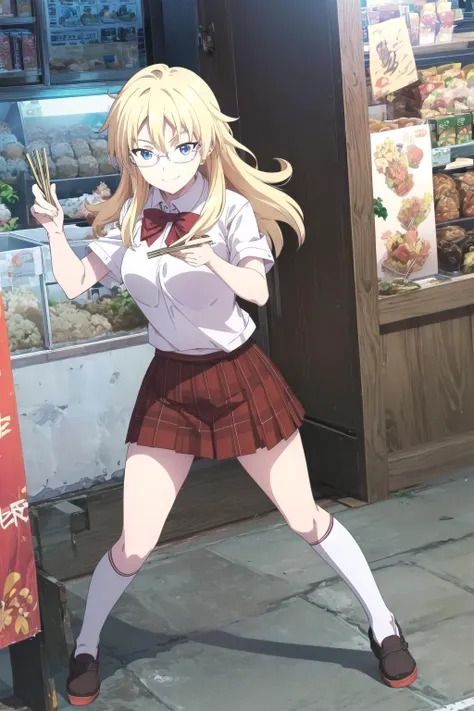 ((masterpiece)), (best quality), (ultra-detailed), intricate detail, perfect anatomy, finely detailed, epic lighting, cinematic composition, colorful, sharp:1.3, (extremely detailed CG:1.2), (8k:1.1), detailed background,
photorealistic,
1girl, full body,
full body,
<lora:shaga_ayame_v1:0.8> sa1, blonde hair, glasses, school uniform, white shirt, skirt, plaid skirt,
japanese convenient store background, standing, (fighting_stance), (holding (chopsticks)), bentou, (holding lunch box), japanese lunch box, throwing chopsticks, light smile,
<lora:add_detail:0.2>