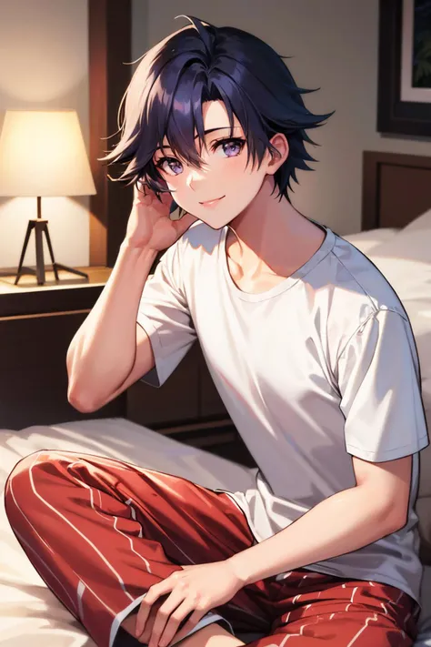 masterpiece, best quality, rean schwarzer, white t-shirt, pajama pants, looking at viewer, smile, bedroom, sitting <lora:rean-nvwls-v1-000009:0.7>