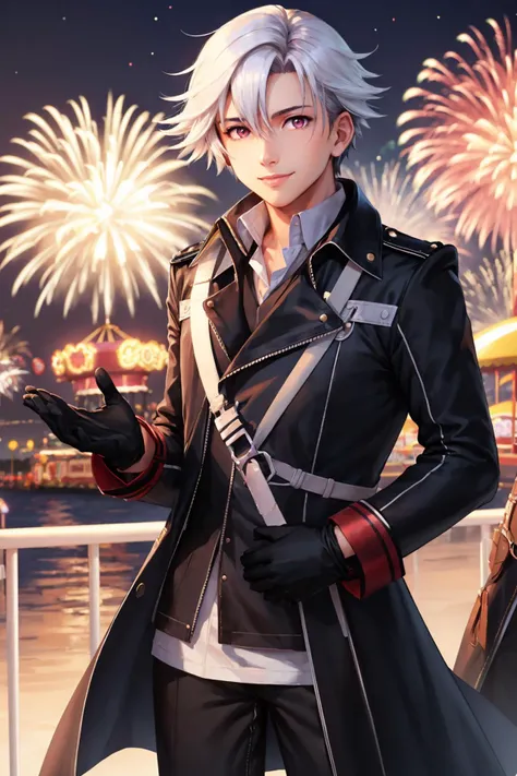 masterpiece, best quality, rean schwarzer, sen4rean, black coat, black pants, black gloves, white hair, red eyes, cowboy shot, amusement park, ferris wheel, dusk, purple sky, fireworks, looking at viewer, smile <lora:rean-nvwls-v1-000009:0.9>