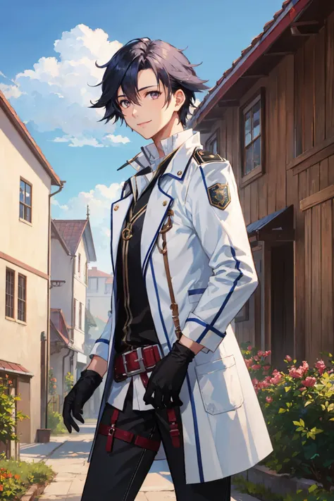 masterpiece, best quality, rean schwarzer, sen3rean, white coat, black shirt, black gloves, thigh strap, red belt, black pants, cowboy shot, from side, looking at viewer, smile, village, houses, sky <lora:rean-nvwls-v1-000009:0.9>