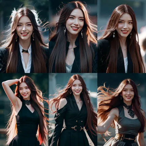 (otherworldly, otherworldly atmosphere, otherworldly appearance), highly insanely detailed, masterpiece, top quality, best quality, highres, 4k, 8k, RAW photo, (long_hair, long hair), collar, earrings, jewelry,
(random colors cloth, random colors hair, random long hair, dynamic hair, glowing hair),
long hair, eyelashes, eyeliner, makeup, hair over one eye,
(dynamic pose), (dynamic weather),
<lora:100_GraceVanDien-10:0.5>, GraceVanDien, 1girl, shiny skin,
(smiling at viewer), (fantasy world)