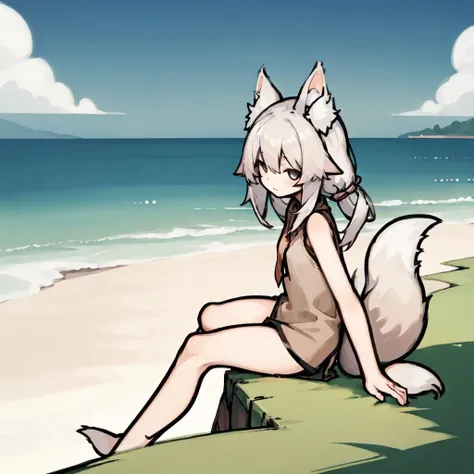 Best quality，Masterpiece，nude, no clothes, Manteau blanc，(Fox facial features，Physical characteristics of a fox，Hair and shoulder length)，Small stature，bit girl，((White body，White arms，White legs，White eyes, White fox tail))，beach background, female, furry, anthro, legs spread, sitting down, knees up, blushing, small breasts, detailed breasts, detailed vagina,
