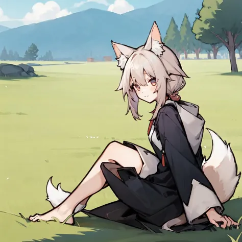 kurin_face, kurin_body, kurin_hairstyle, kurin_ears, kurin_tail, 3 tails, 1girl, solo, sitting, outdoors, <lora:kurinv1.5-000002:1>