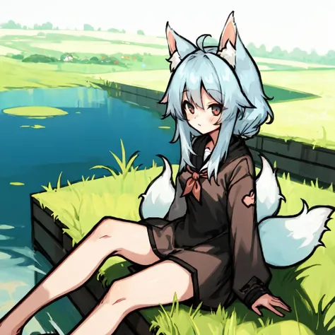 kurin_face, kurin_body, kurin_hairstyle, kurin_ears, kurin_tail, 3 tails, 1girl, solo, sitting, outdoors, <lora:kurinv1.5-000002:1>