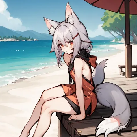 Best quality，Masterpiece，nude, no clothes, Manteau blanc，(Fox facial features，Physical characteristics of a fox，Hair and shoulder length)，Small stature，bit girl，((White body，White arms，White legs，White eyes, White fox tail))，beach background, female, furry, anthro, legs spread, sitting down, knees up, blushing, small breasts, detailed breasts, detailed vagina,
