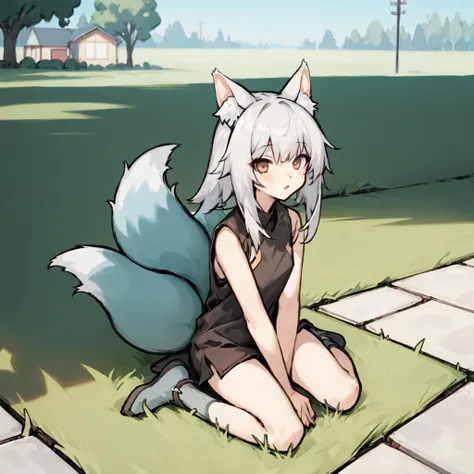 kurin_face, kurin_body, kurin_hairstyle, kurin_ears, kurin_tail, 3 tails, 1girl, solo, sitting, outdoors, <lora:kurinv1.5-000004:1>
