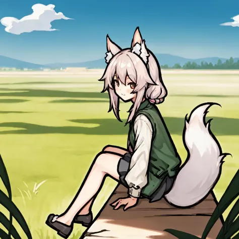 kurin_face, kurin_body, kurin_hairstyle, kurin_ears, kurin_tail, 3 tails, 1girl, solo, sitting, outdoors, <lora:kurinv1.5-000004:1>